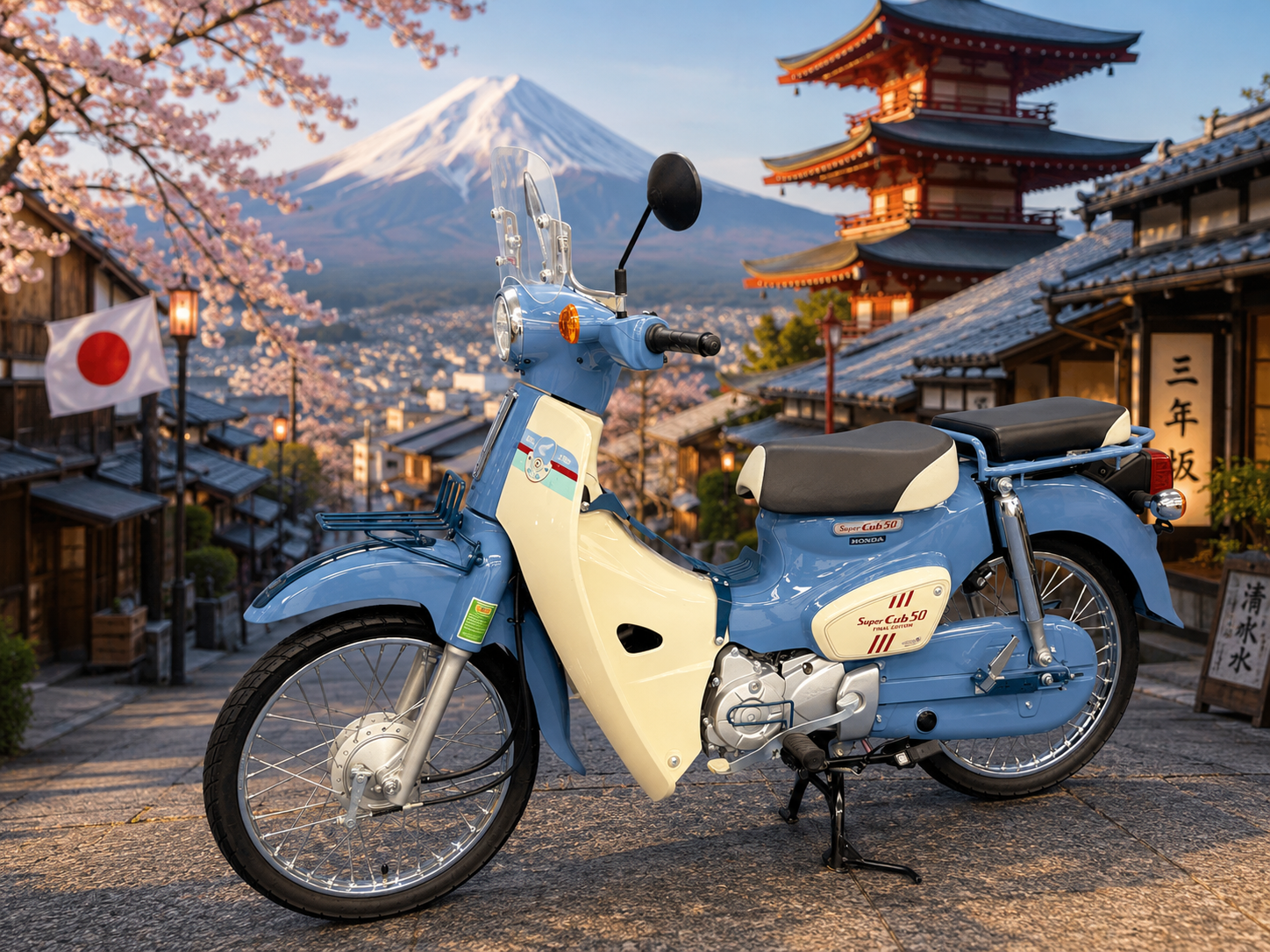 Honda Super Cub 50 Final Edition phối màu xanh kem nổi bật bên khung cảnh Nhật Bản cổ điển